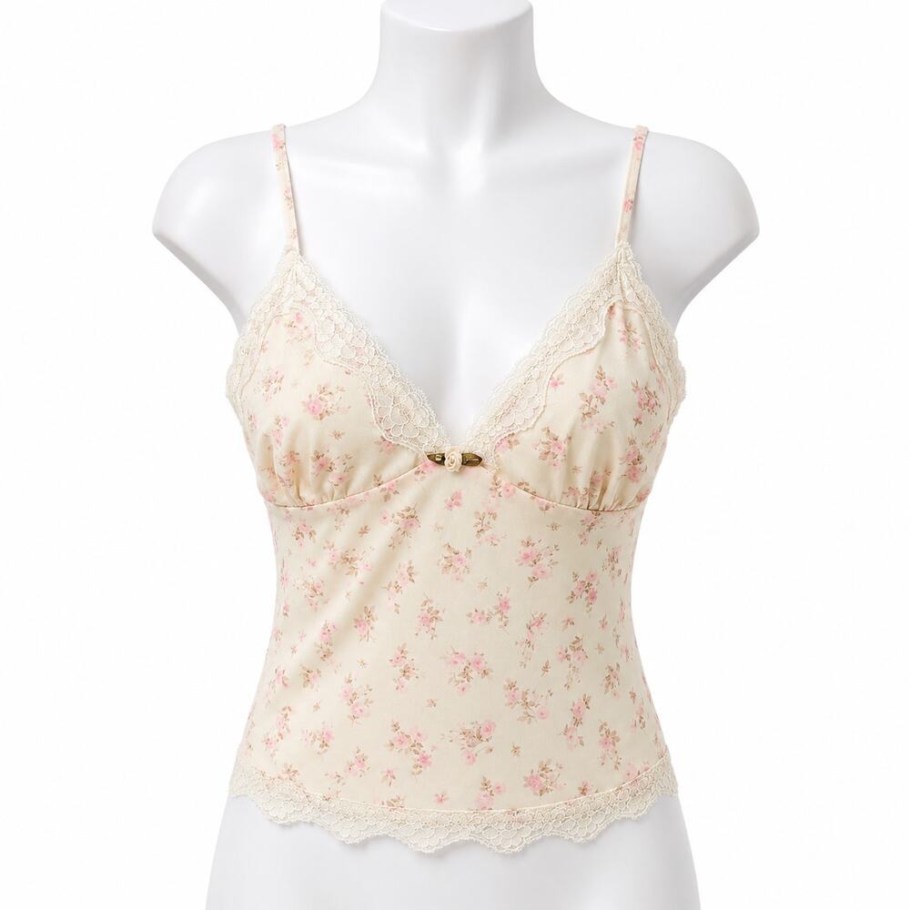 Coquette Floral Lace Pink Rose Cream Cami Crop Tank Top Women's Small Retro